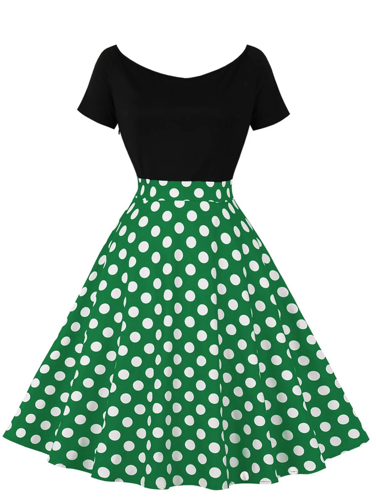 1950s Polka Dot Patchwork Short Sleeves Dress