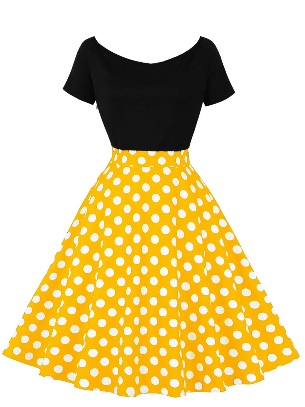 1950s Polka Dot Patchwork Short Sleeves Dress