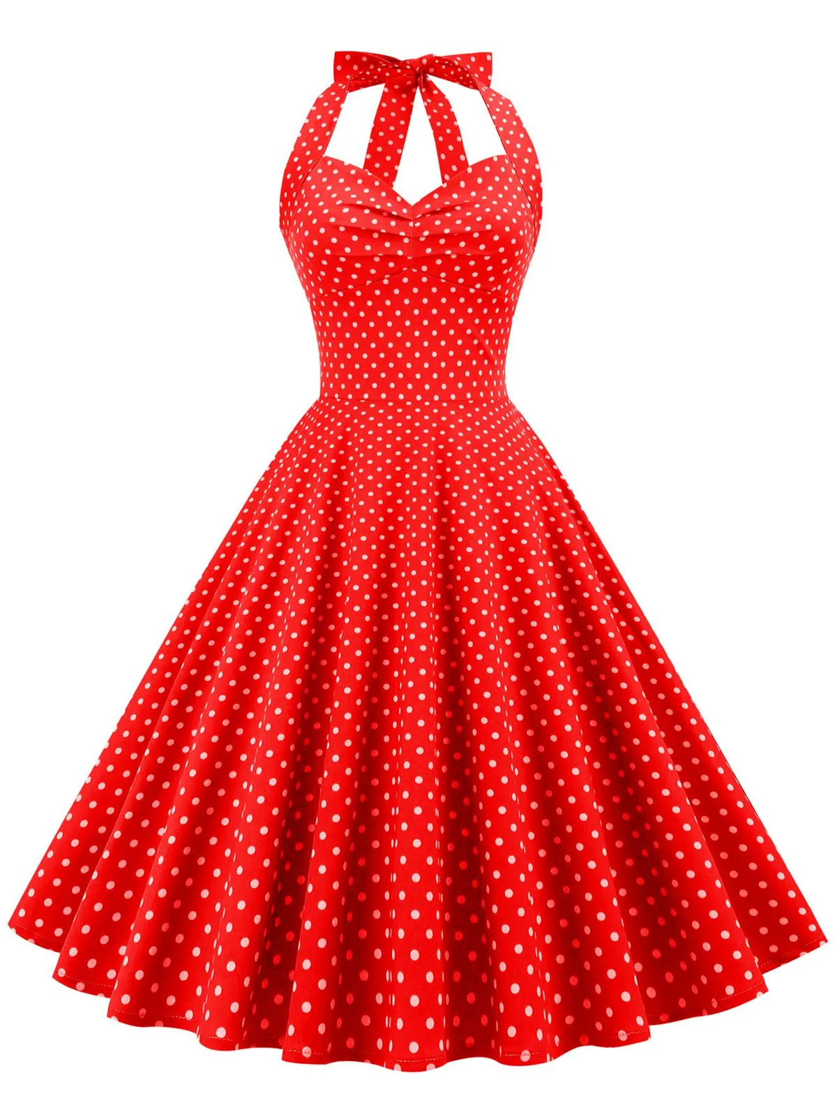 1950s Polka Dots Lace Up Halter Swing Dress