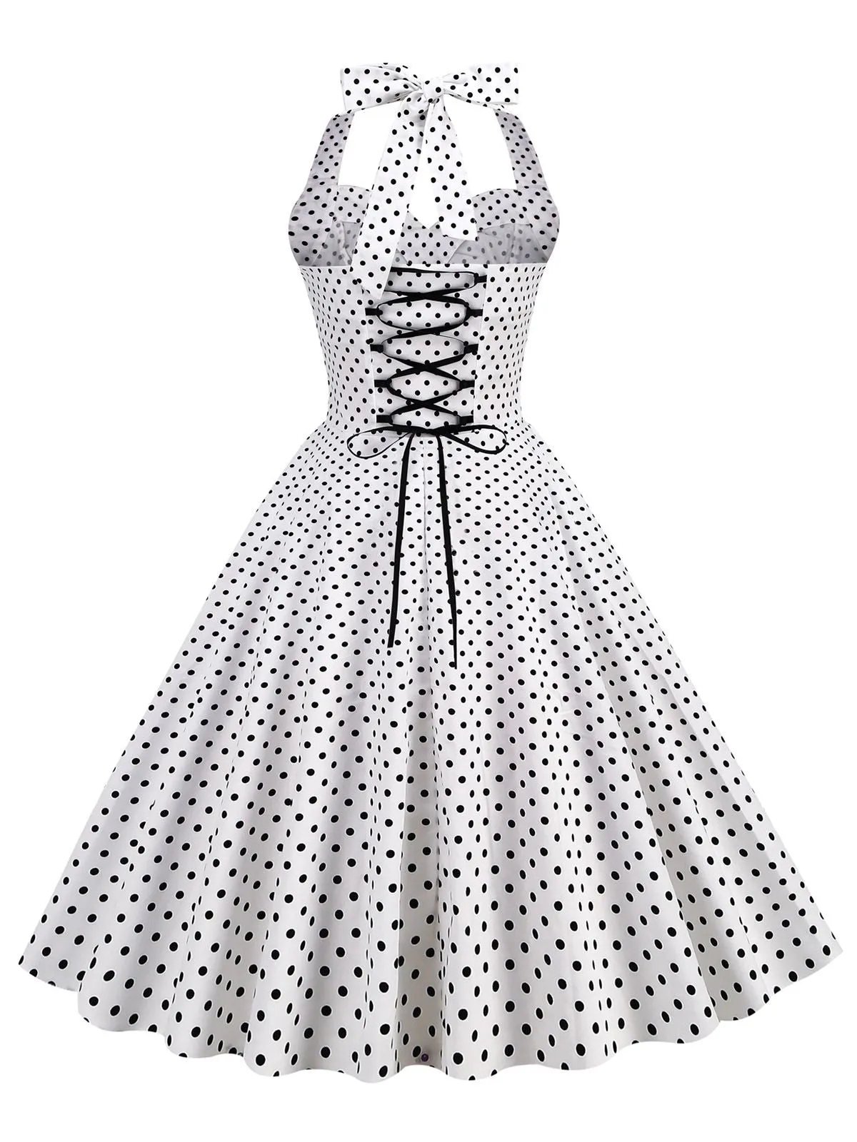 1950s Polka Dots Lace Up Halter Swing Dress