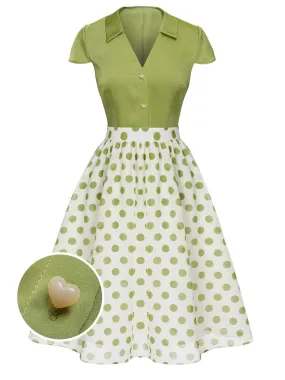 2PCS Green 1940s Buttons Shirt & Polka Dots Skirt