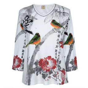 Asian Love Birds Women's V-neck 3/4 Sleeve Blouse