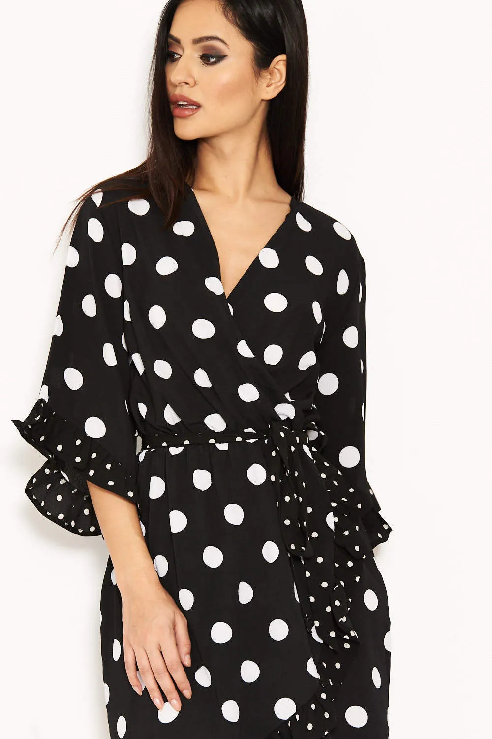 Black Polka Dot Wrap Skater Dress