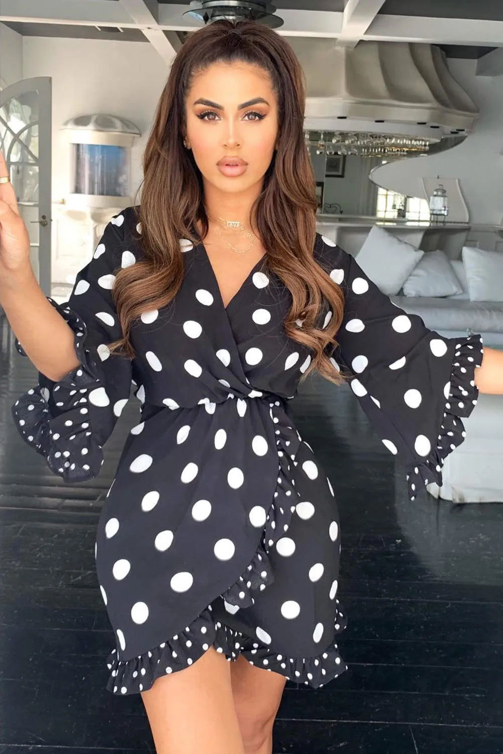 Black Polka Dot Wrap Skater Dress