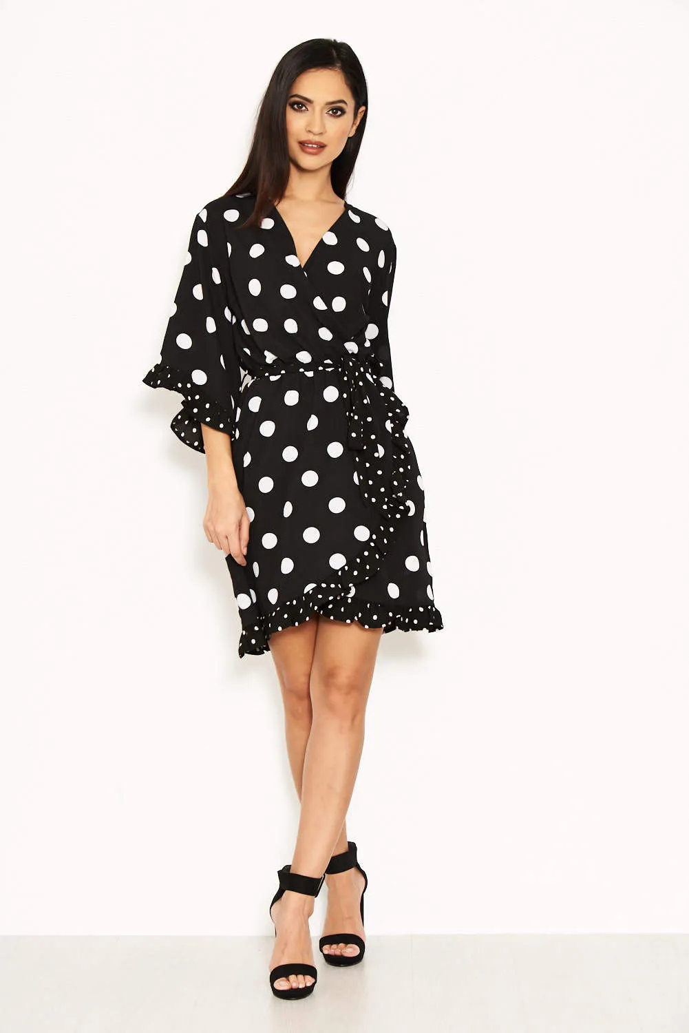 Black Polka Dot Wrap Skater Dress