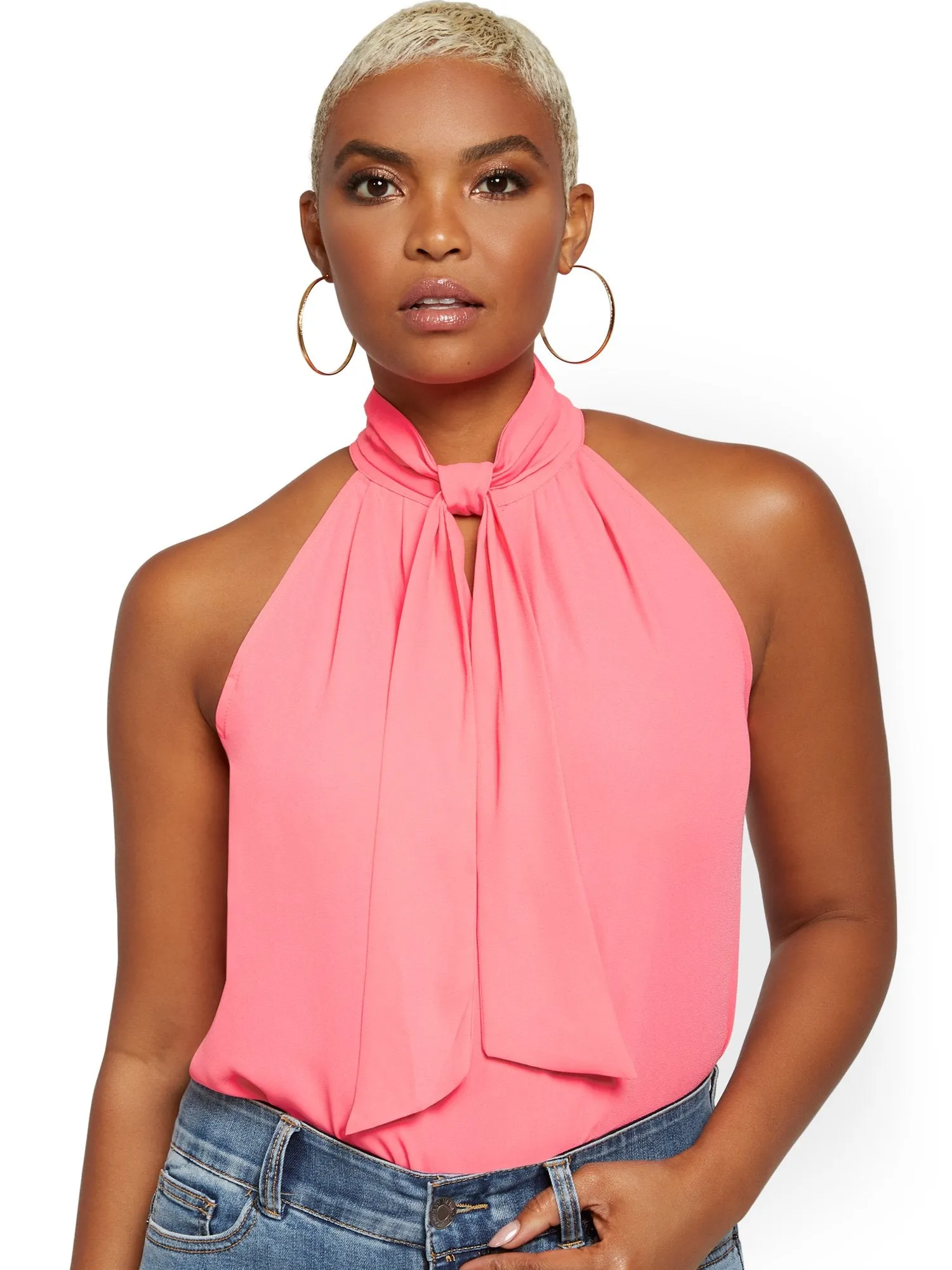 Bow-Accent Halter Blouse - 7th Avenue