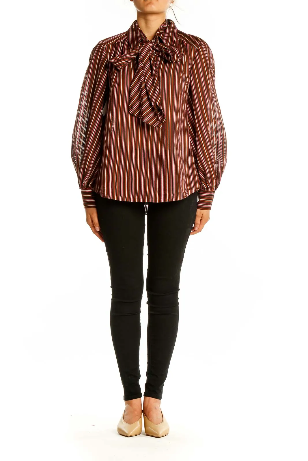 Burgundy Striped Bow-Tie Blouse