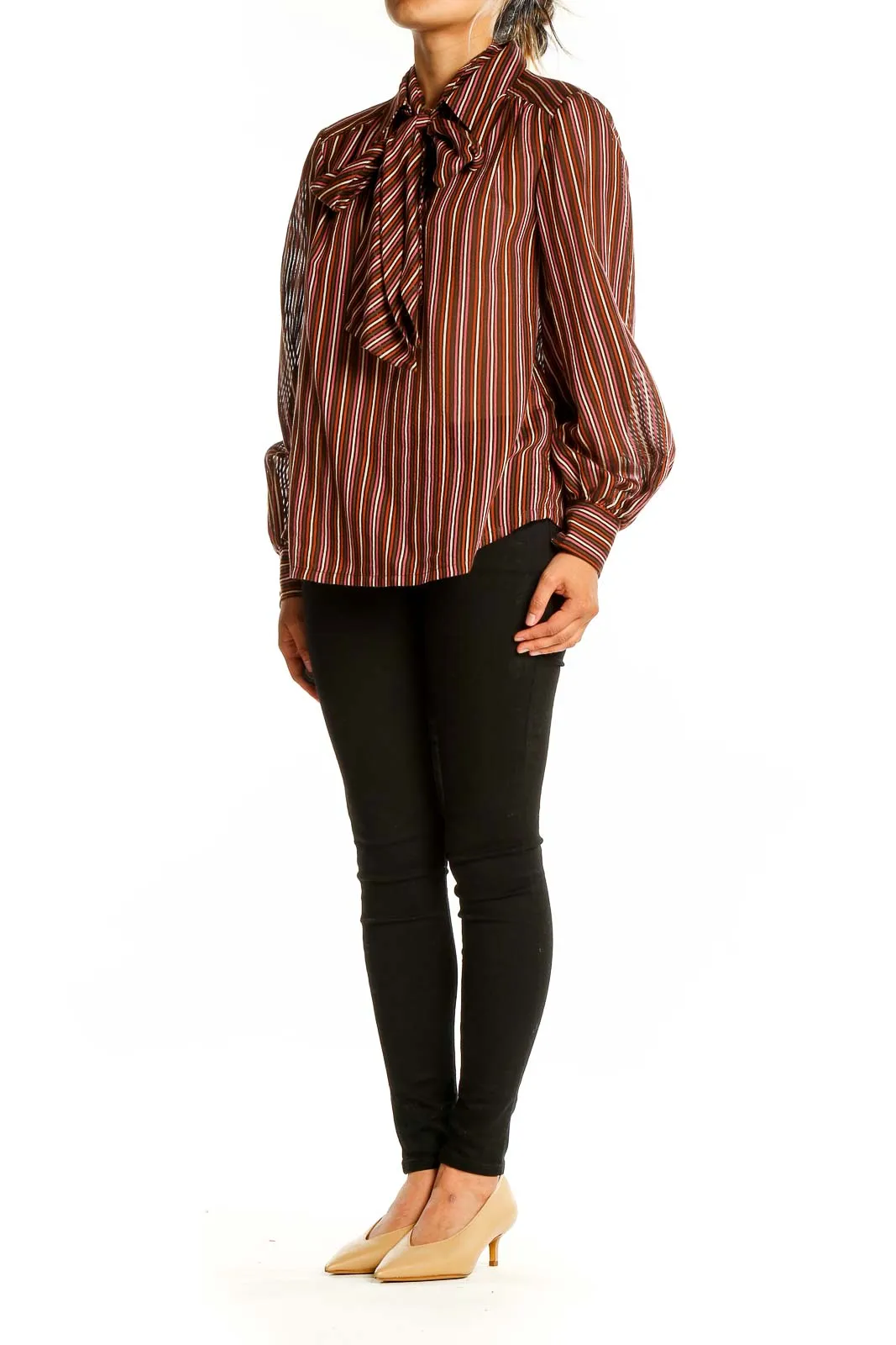 Burgundy Striped Bow-Tie Blouse