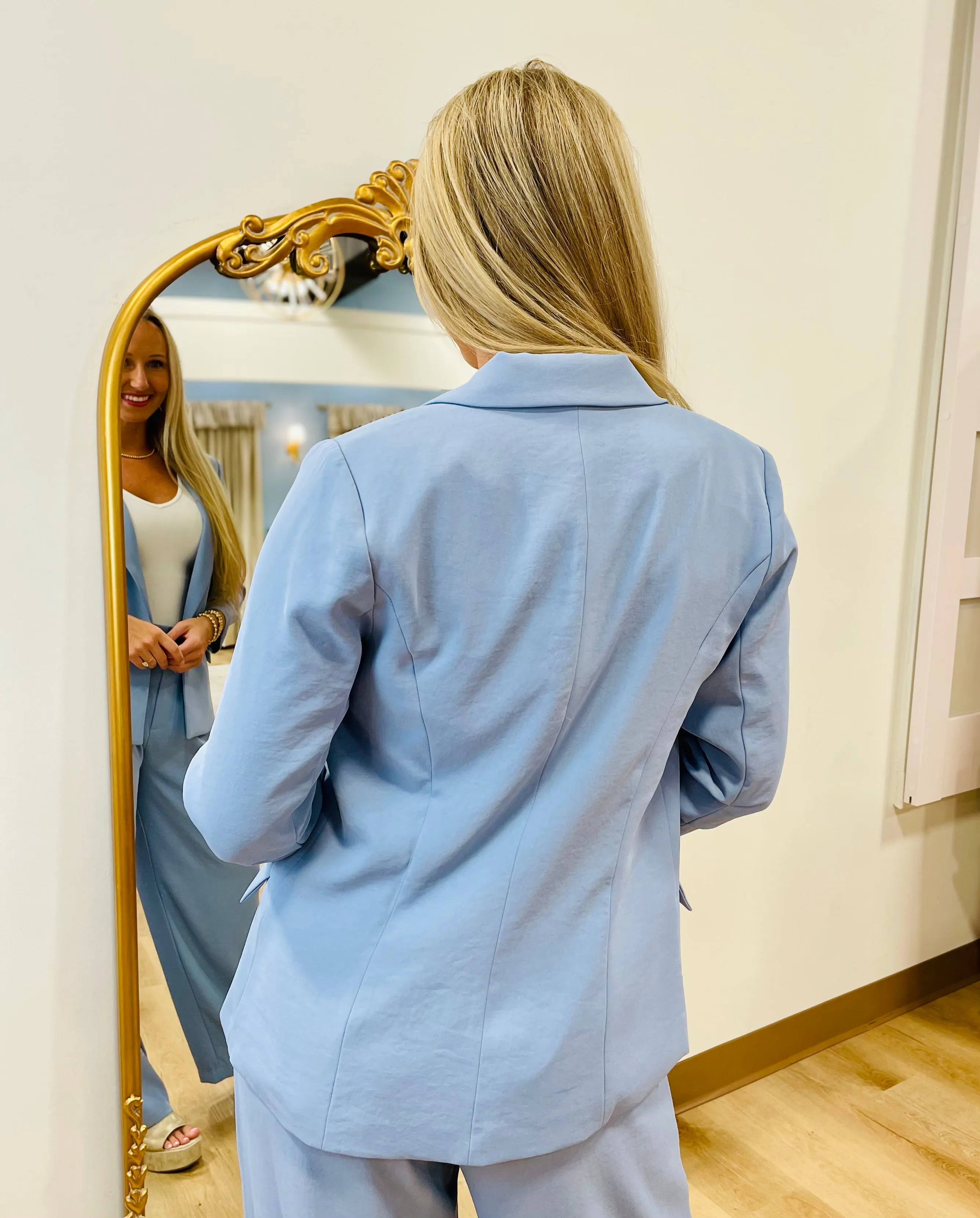 Clear Day Shirred Sleeve Blazer Blue