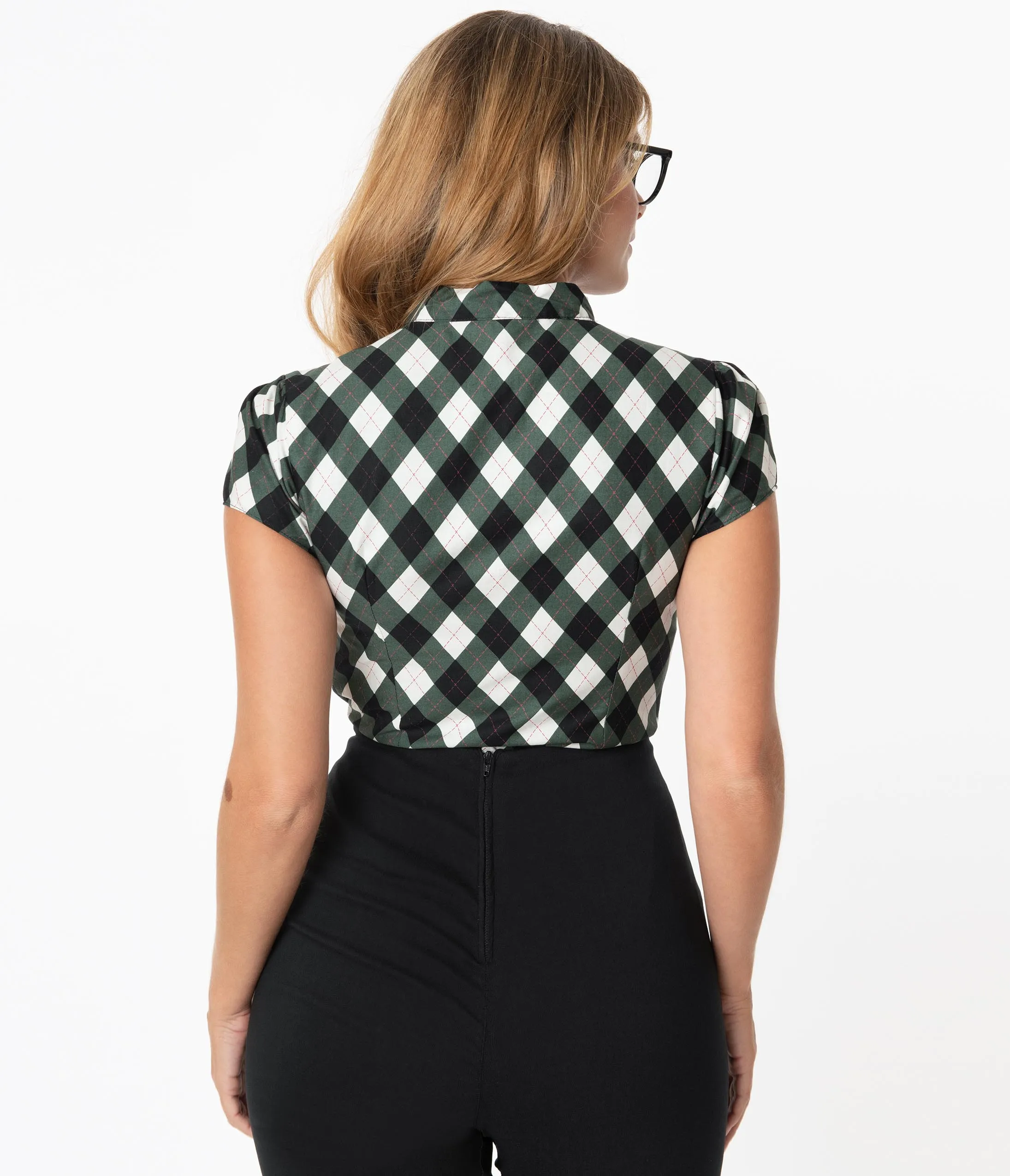 Dark Green & White Diamond Plaid Print Bow Blouse