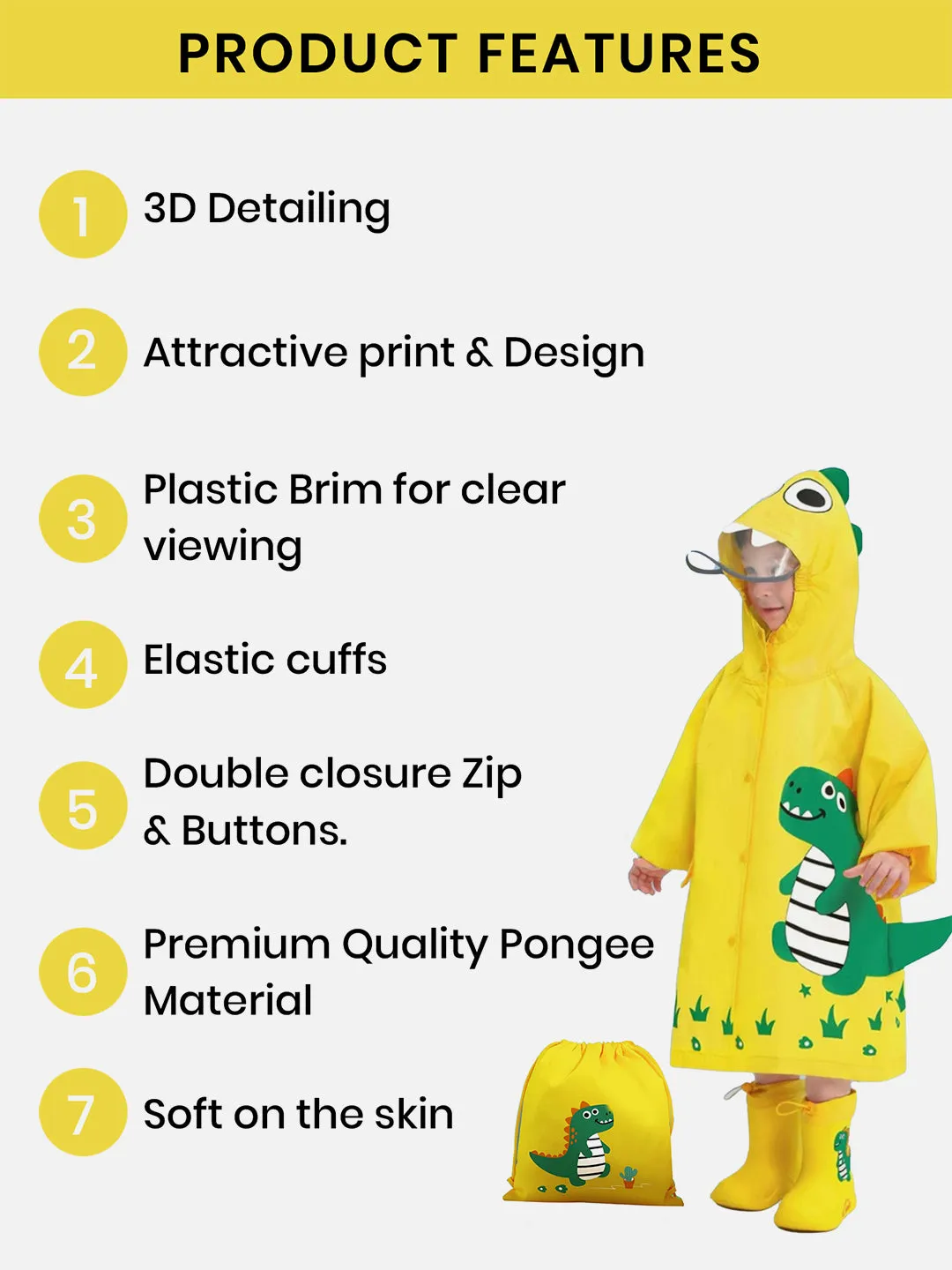 Fluorescent Yellow Dino Park Raincoat for Kids and Toddlers