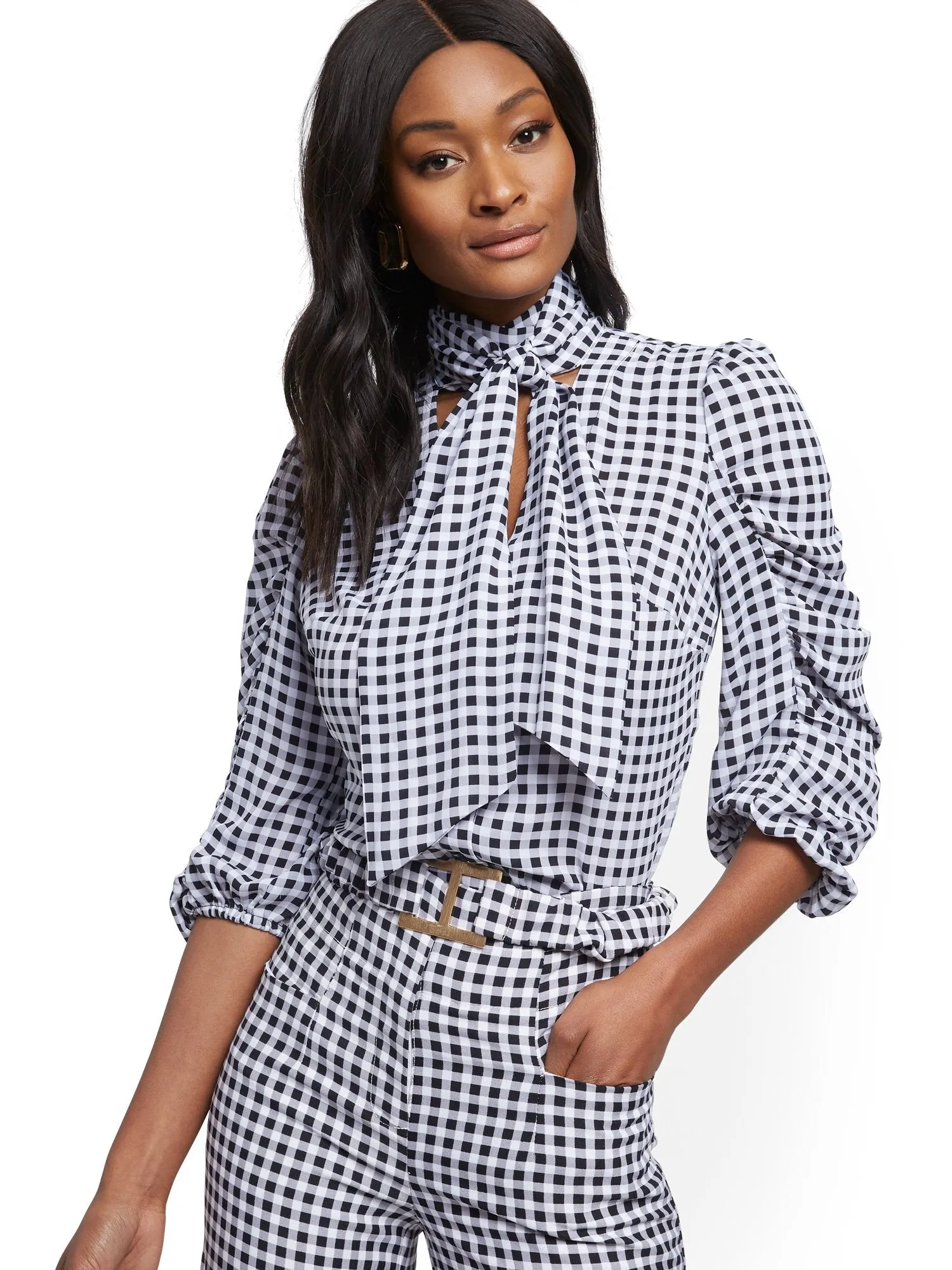 Gingham Tie-Front Blouse - 7th Avenue