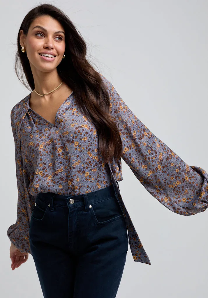 Helena Bow Detail Aster Print Blouse In Grey