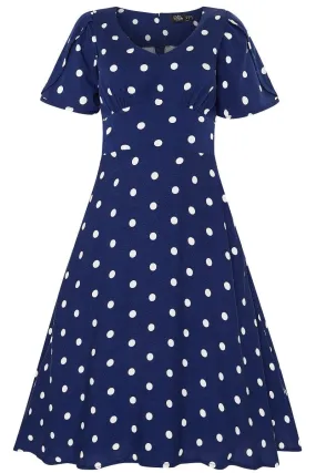 Janice Summer Tea Dress in Dark Blue/White Polka Dot Print