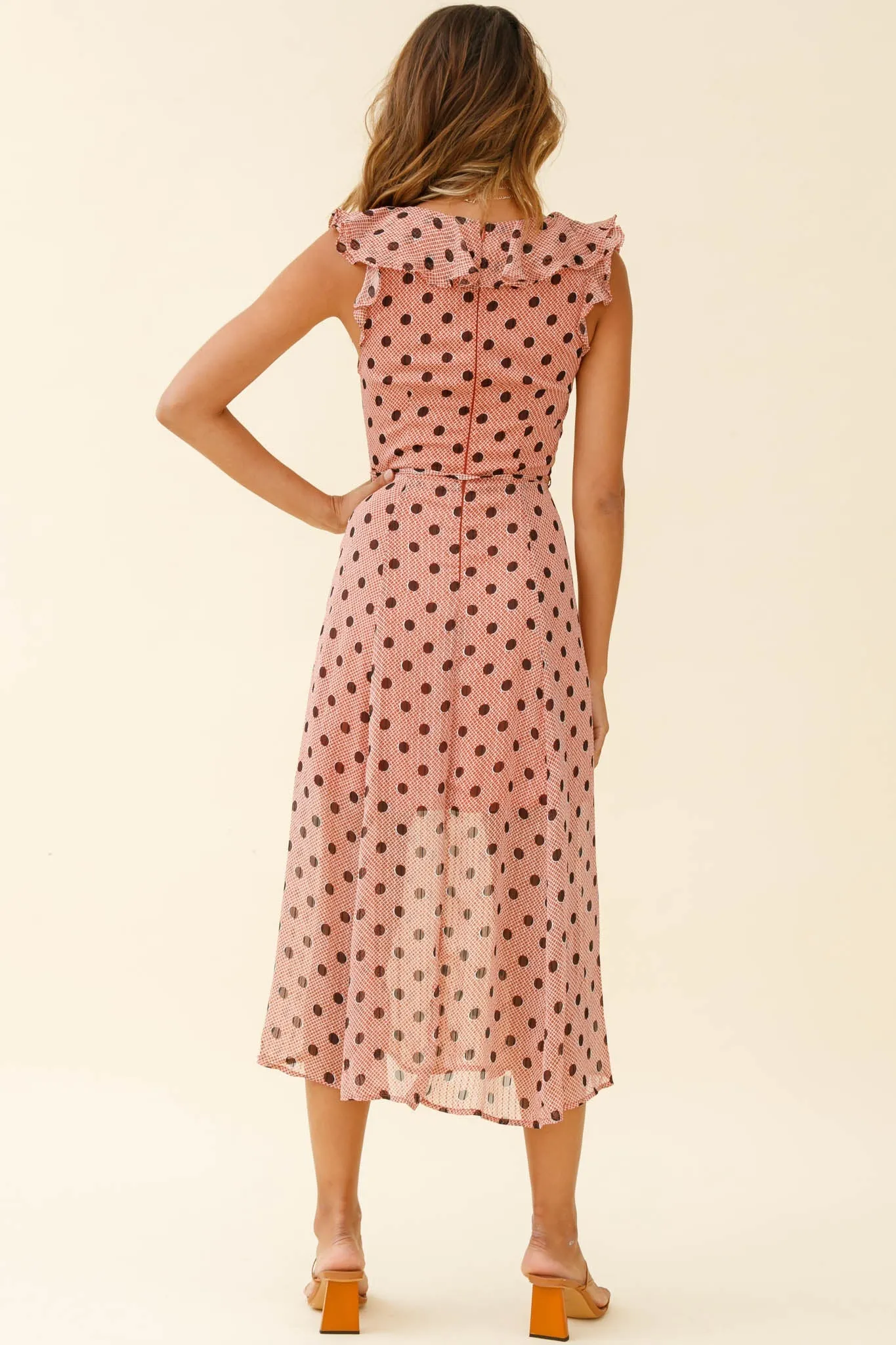 Karina Frill Neckline Midi Dress Polka Dot Print Rust