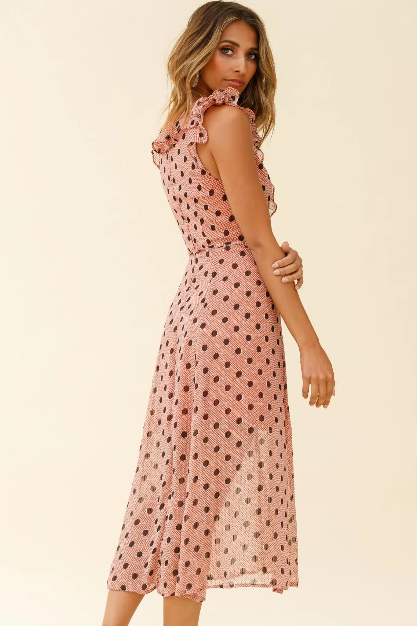 Karina Frill Neckline Midi Dress Polka Dot Print Rust