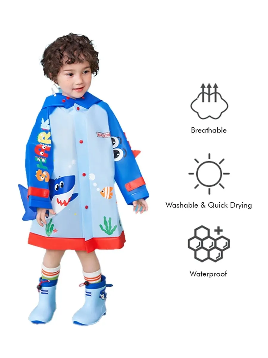 Little Surprise Box 3d Applique Blue Shark Sleeves, Kids Raincoat