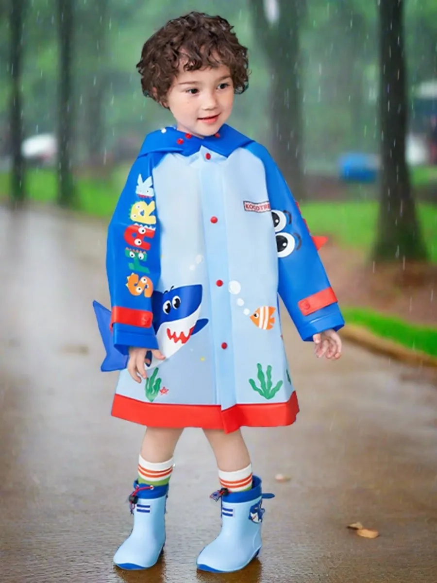 Little Surprise Box 3d Applique Blue Shark Sleeves, Kids Raincoat