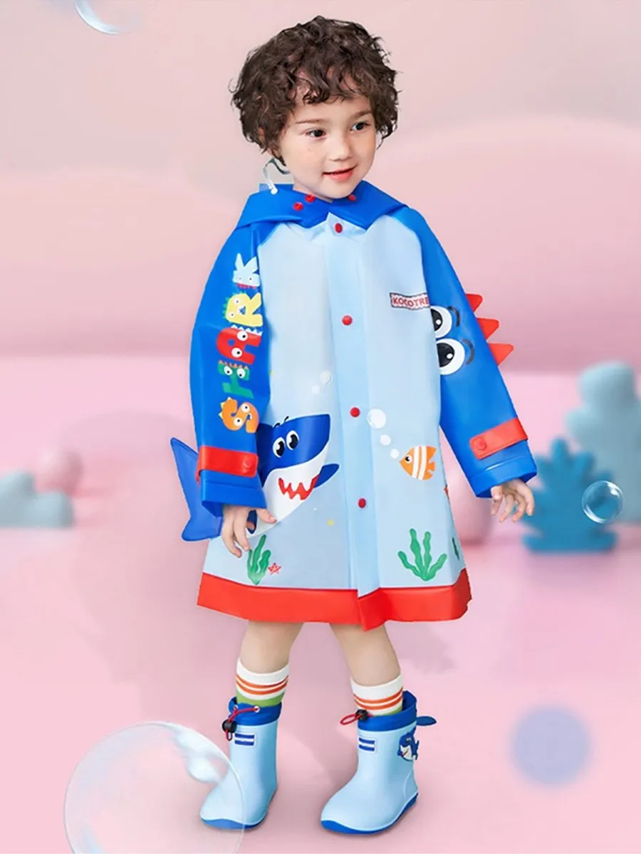 Little Surprise Box 3d Applique Blue Shark Sleeves, Kids Raincoat