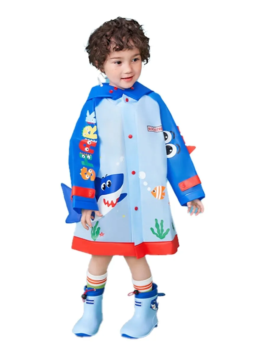 Little Surprise Box 3d Applique Blue Shark Sleeves, Kids Raincoat