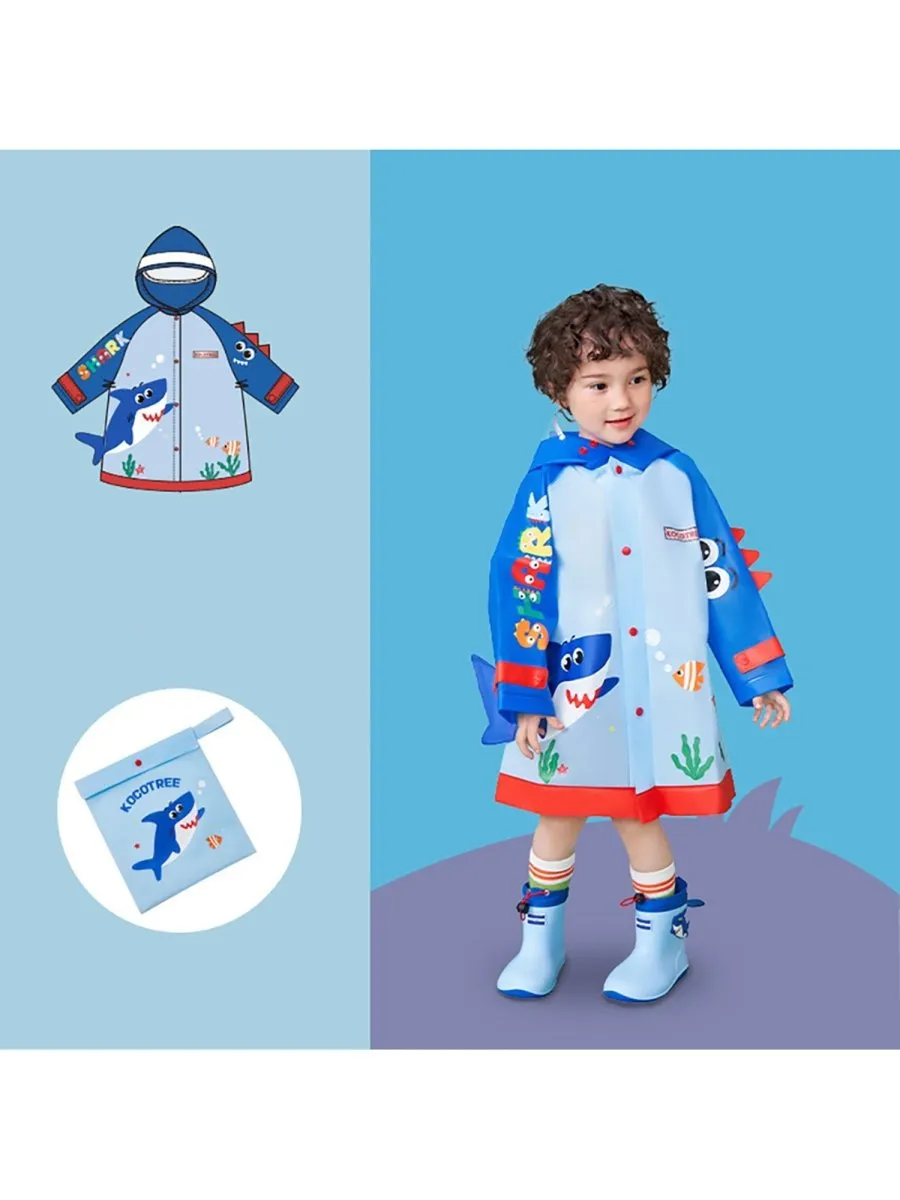 Little Surprise Box 3d Applique Blue Shark Sleeves, Kids Raincoat