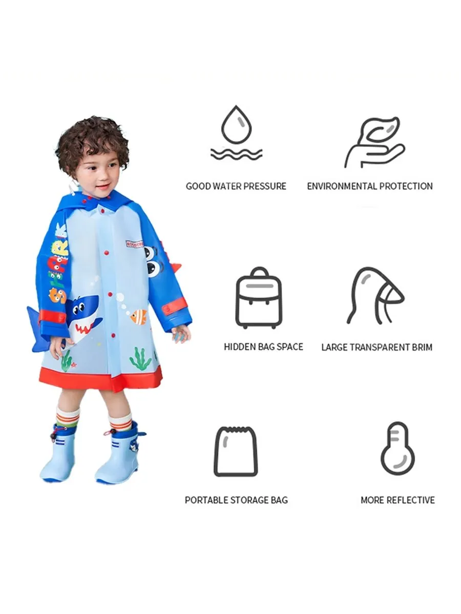 Little Surprise Box 3d Applique Blue Shark Sleeves, Kids Raincoat