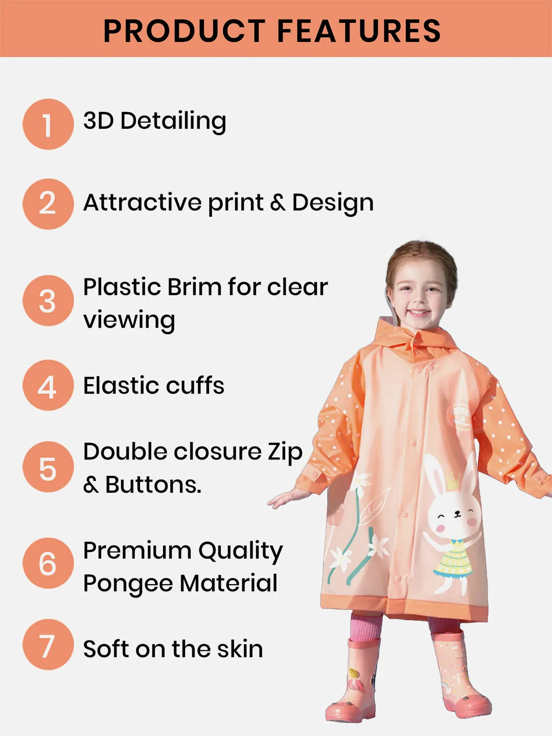 LITTLE SURPRISE BOX 3d Bunny Orange Sleeves & Hood Knee Length Raincoat for Kids