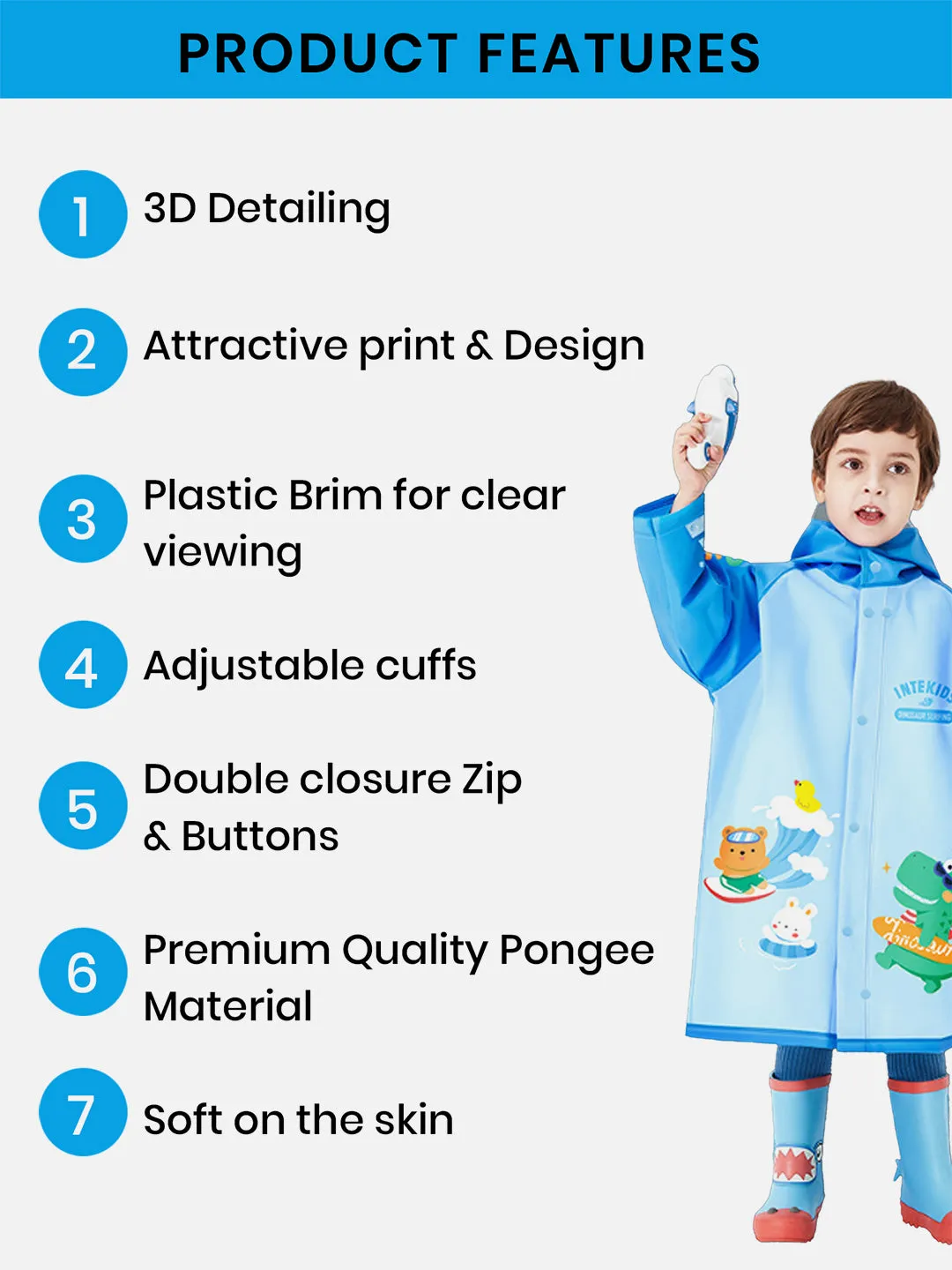 Little Surprise Box 3d Dino Blue Sleeves & Hood Knee Length Raincoat for Kids