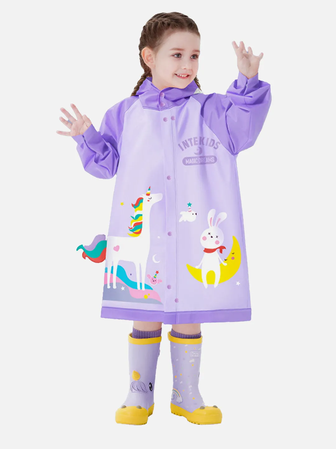 LITTLE SURPRISE BOX 3d Unicorn Lilac Sleeves & Hood Knee Length Raincoat for Kids