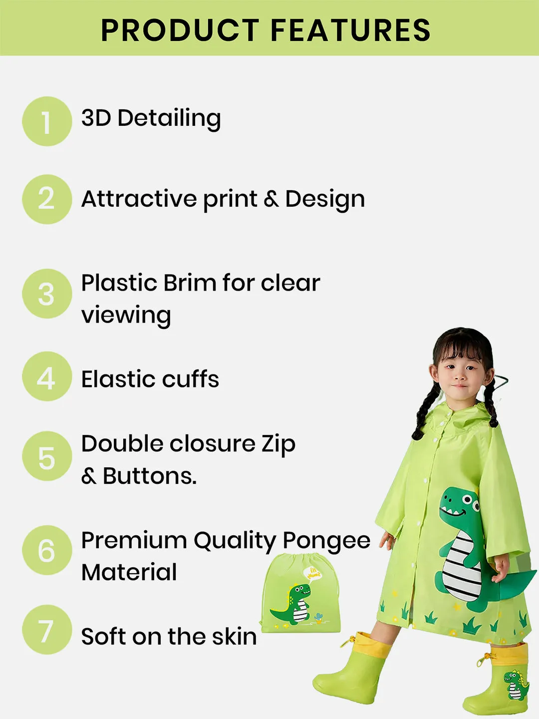 Little Surprise Box Fluorescent Green Dino Park Raincoat for Kids and Toddlers