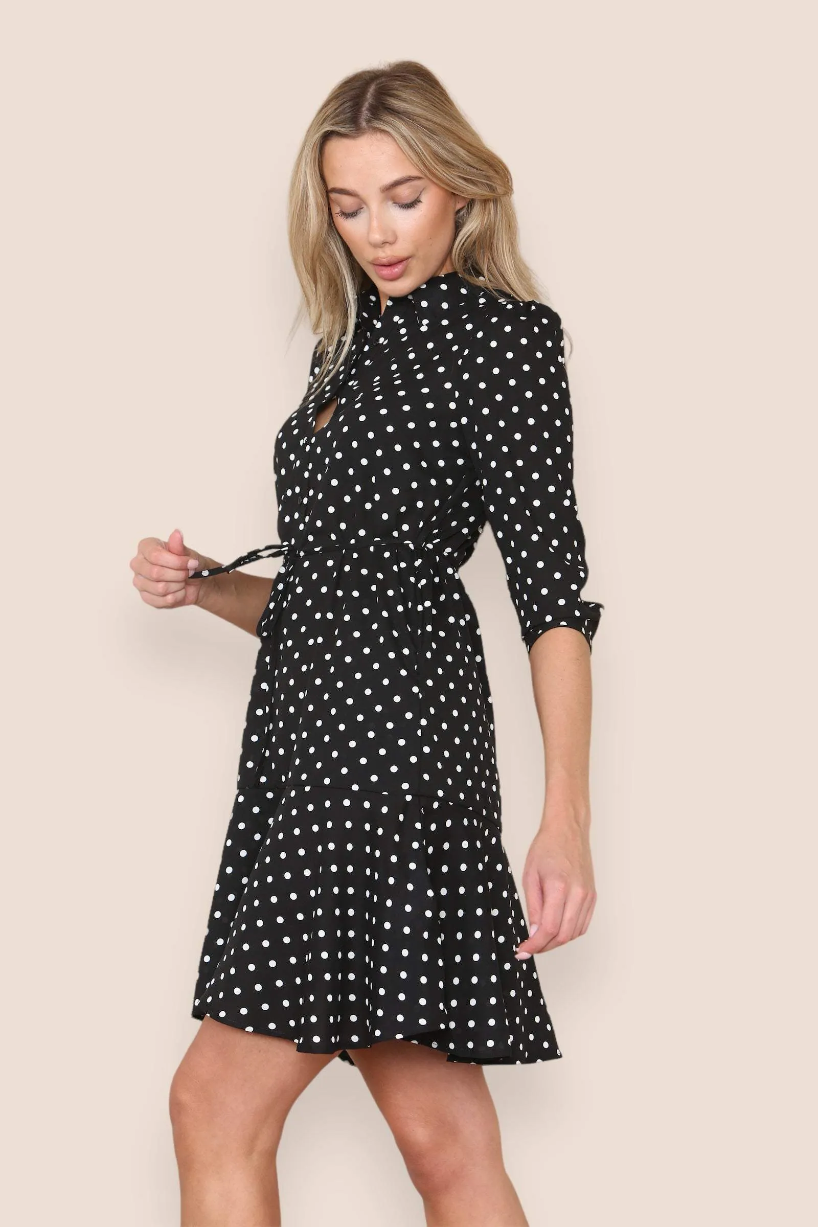 LOVE SUNSHINE Black Polka Dot Frilled Hem Mini Dress