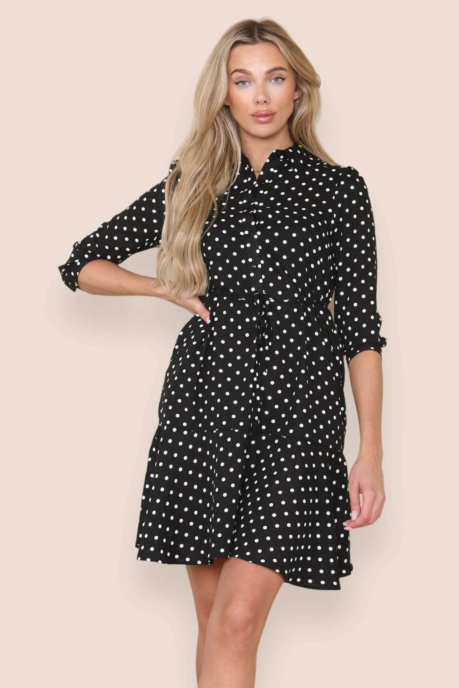 LOVE SUNSHINE Black Polka Dot Frilled Hem Mini Dress