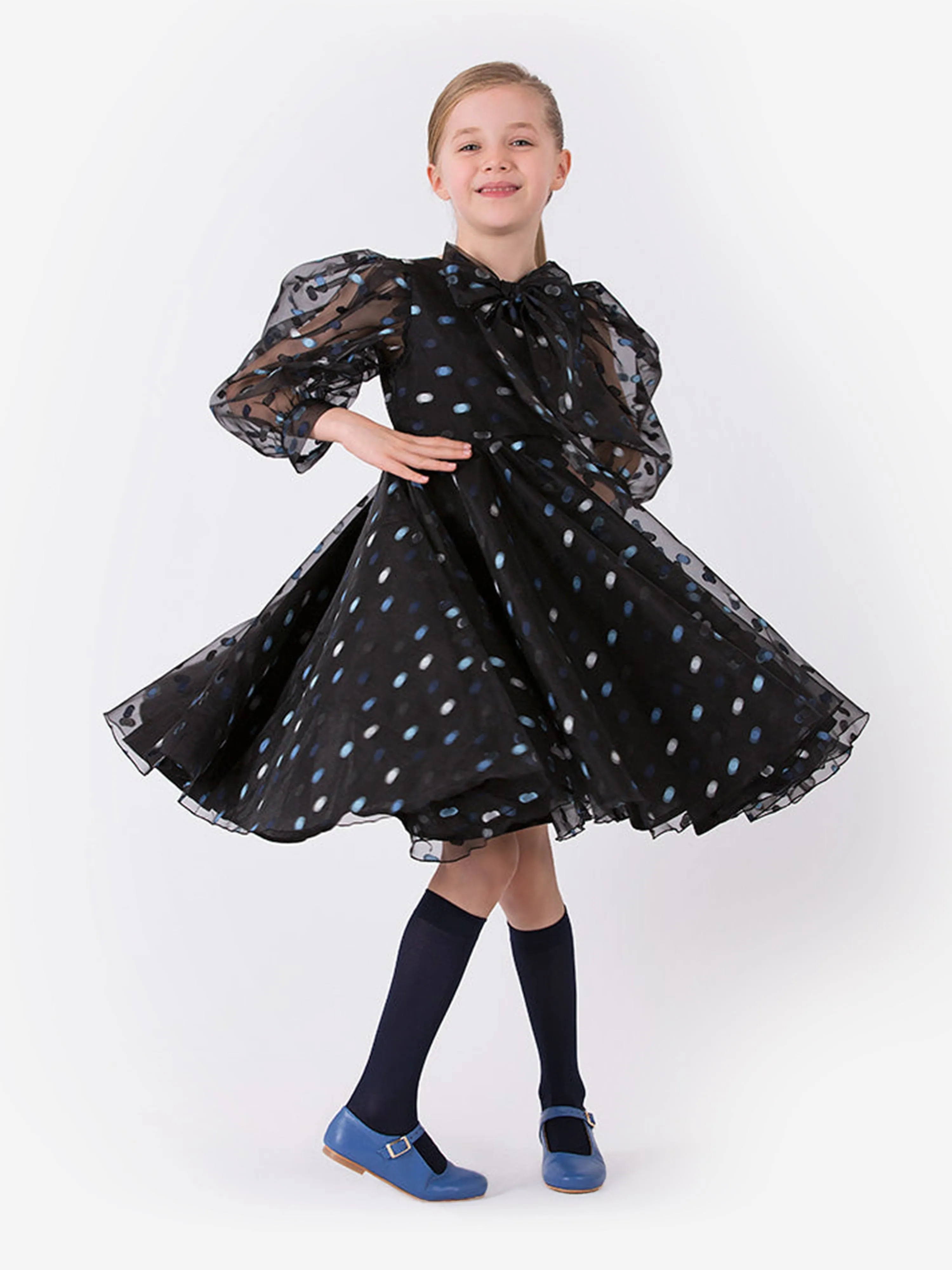 Mama Luma Girls Flared Polka Dot Dress in Navy