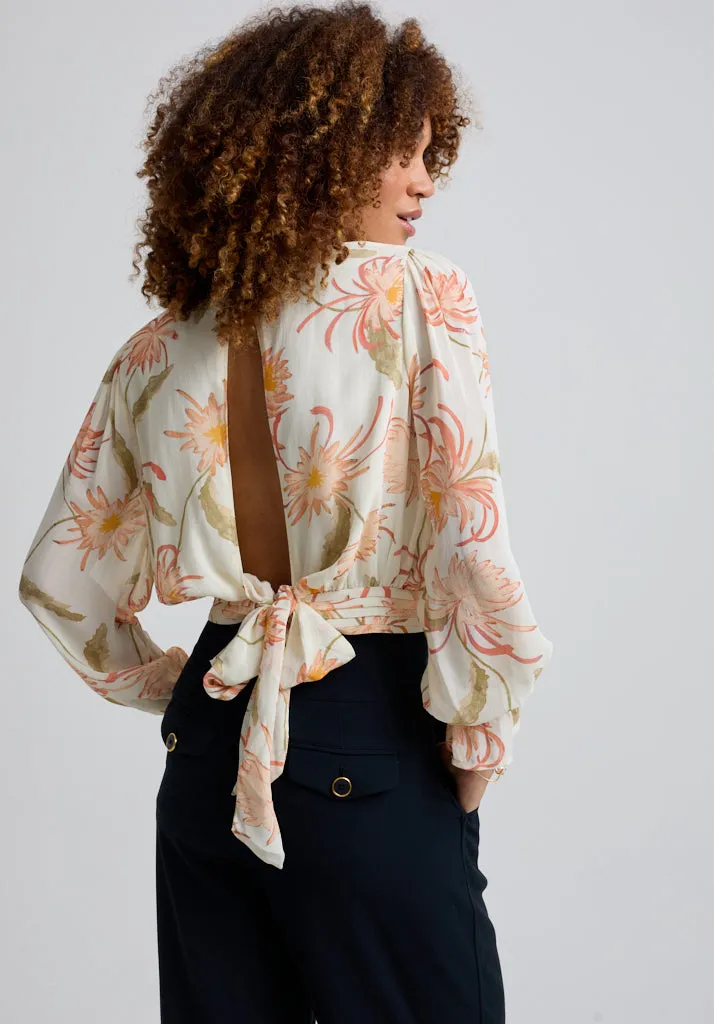 Maria Tie Back Moonflower Print Blouse In Cream