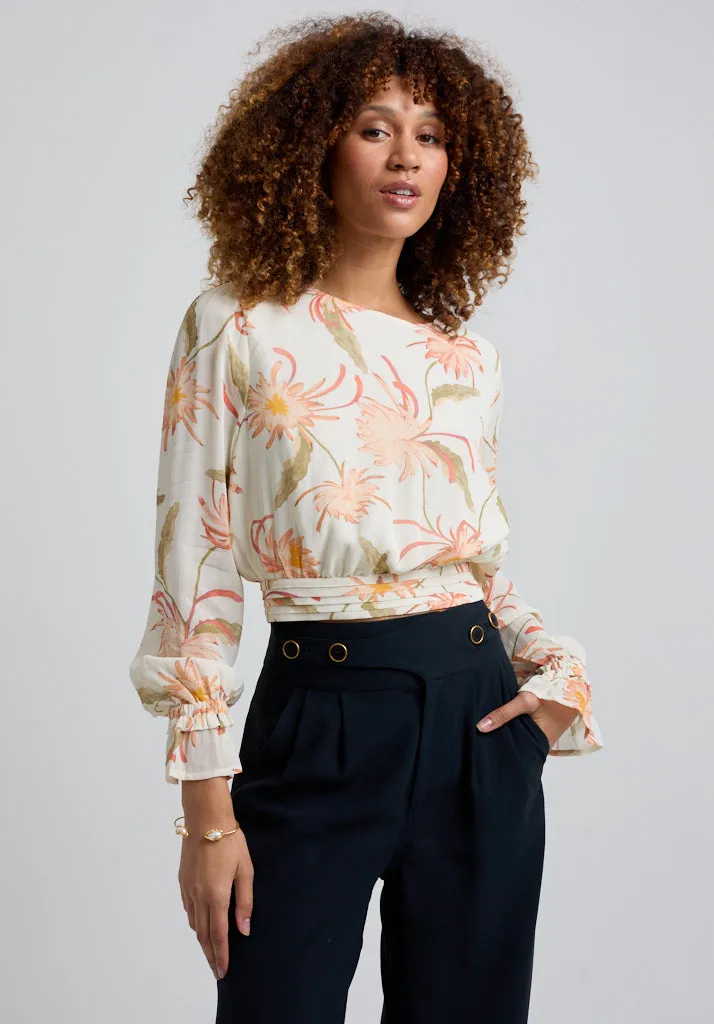 Maria Tie Back Moonflower Print Blouse In Cream