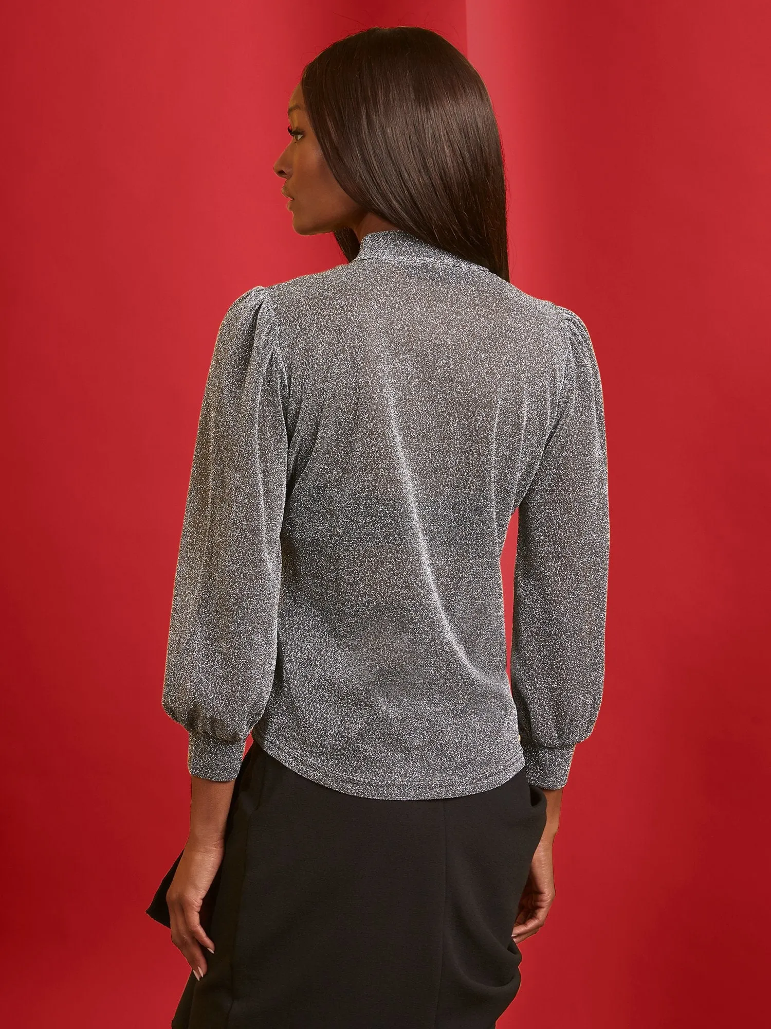 Metallic Puff-Sleeve Tie-Front Top