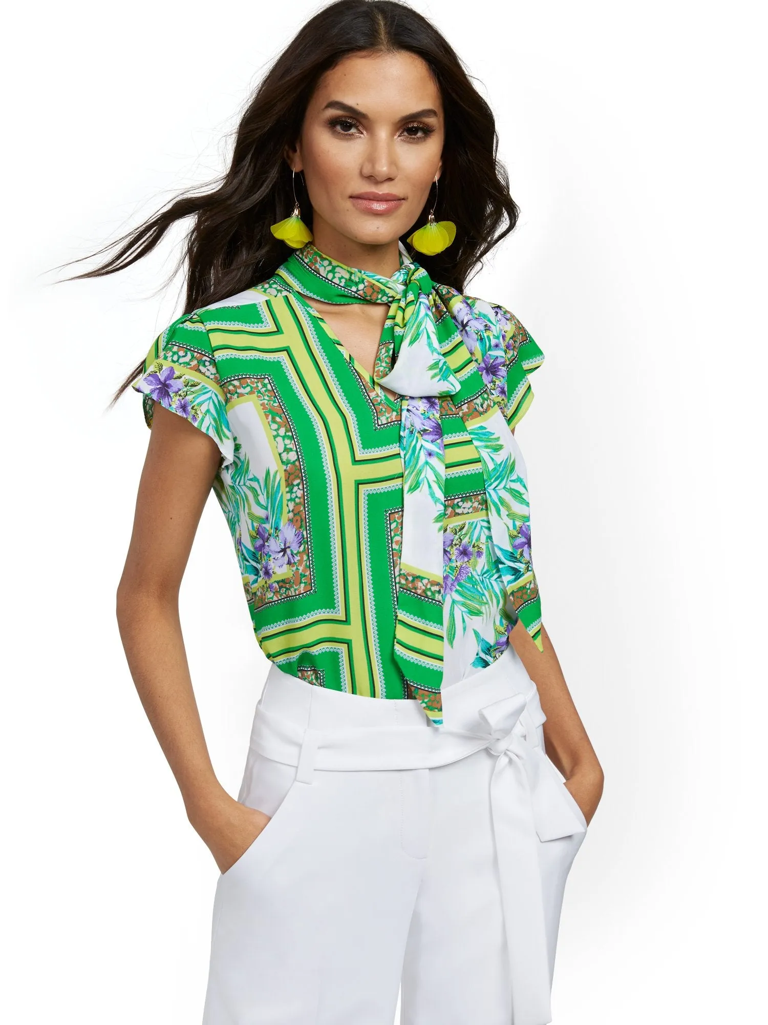 Mixed-Print Tulip-Sleeve Blouse - 7th Avenue