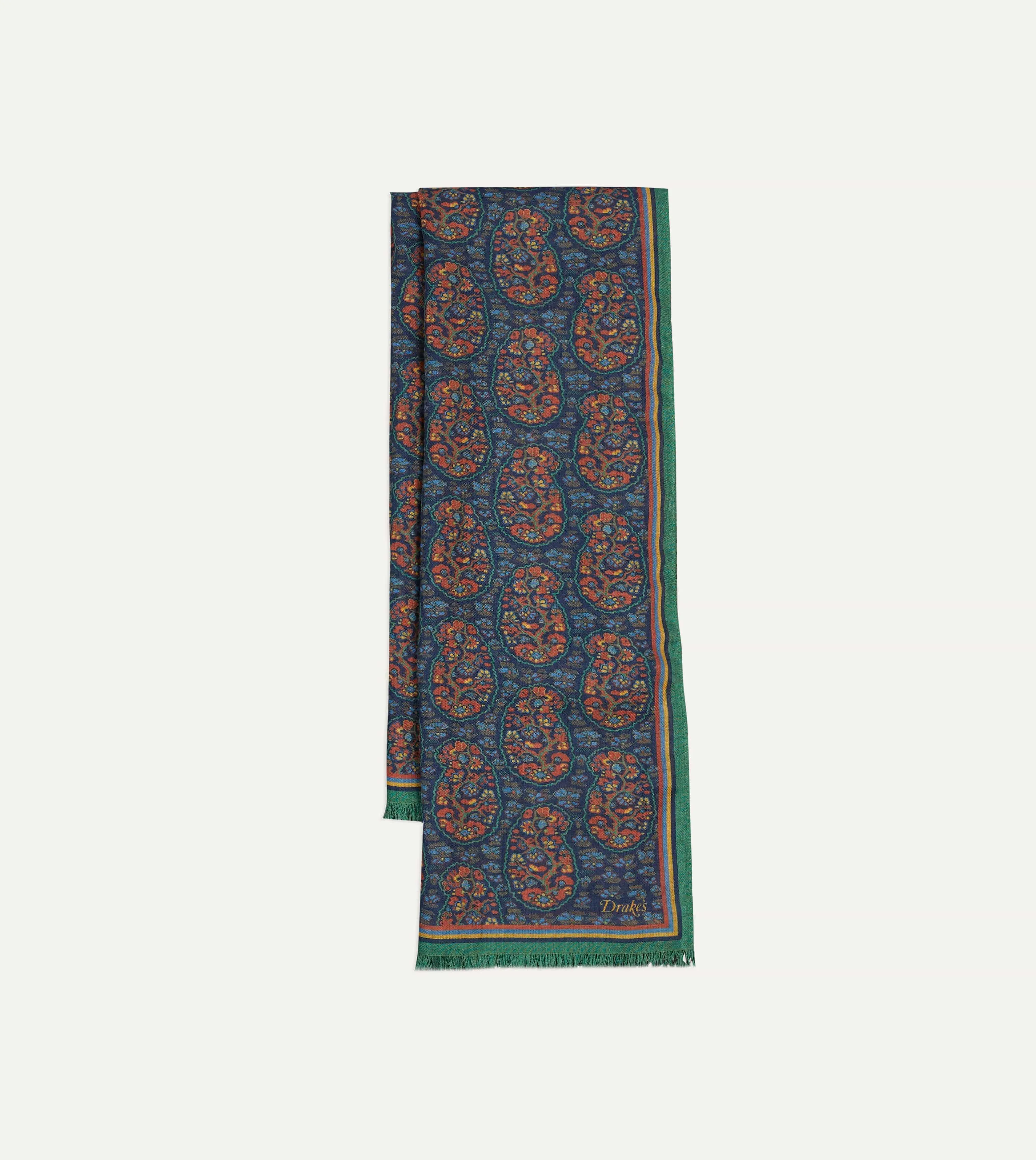 Navy and Green Paisley Print Wool-Silk Scarf