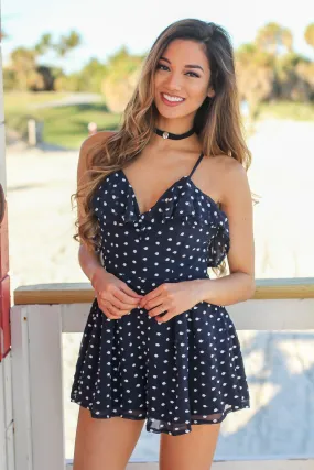 Navy Polka Dot Romper with Criss Cross Back