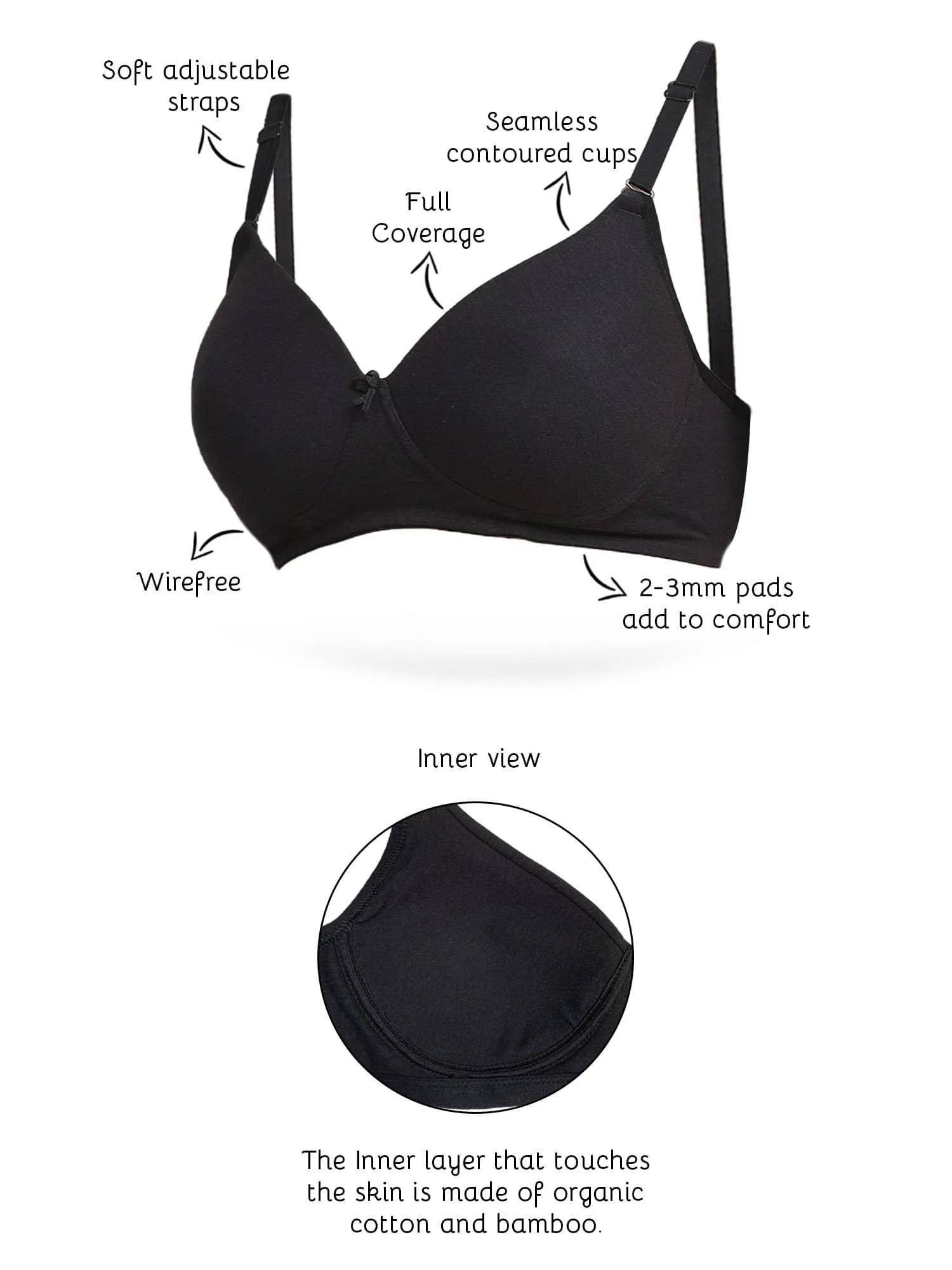 Organic Cotton  Antimicrobial Wire-free Padded Bra (Pack of 3)-ISB068-Black_Black_M.White-