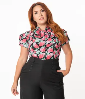 Plus Size Black & Red Strawberry Print Bow Blouse