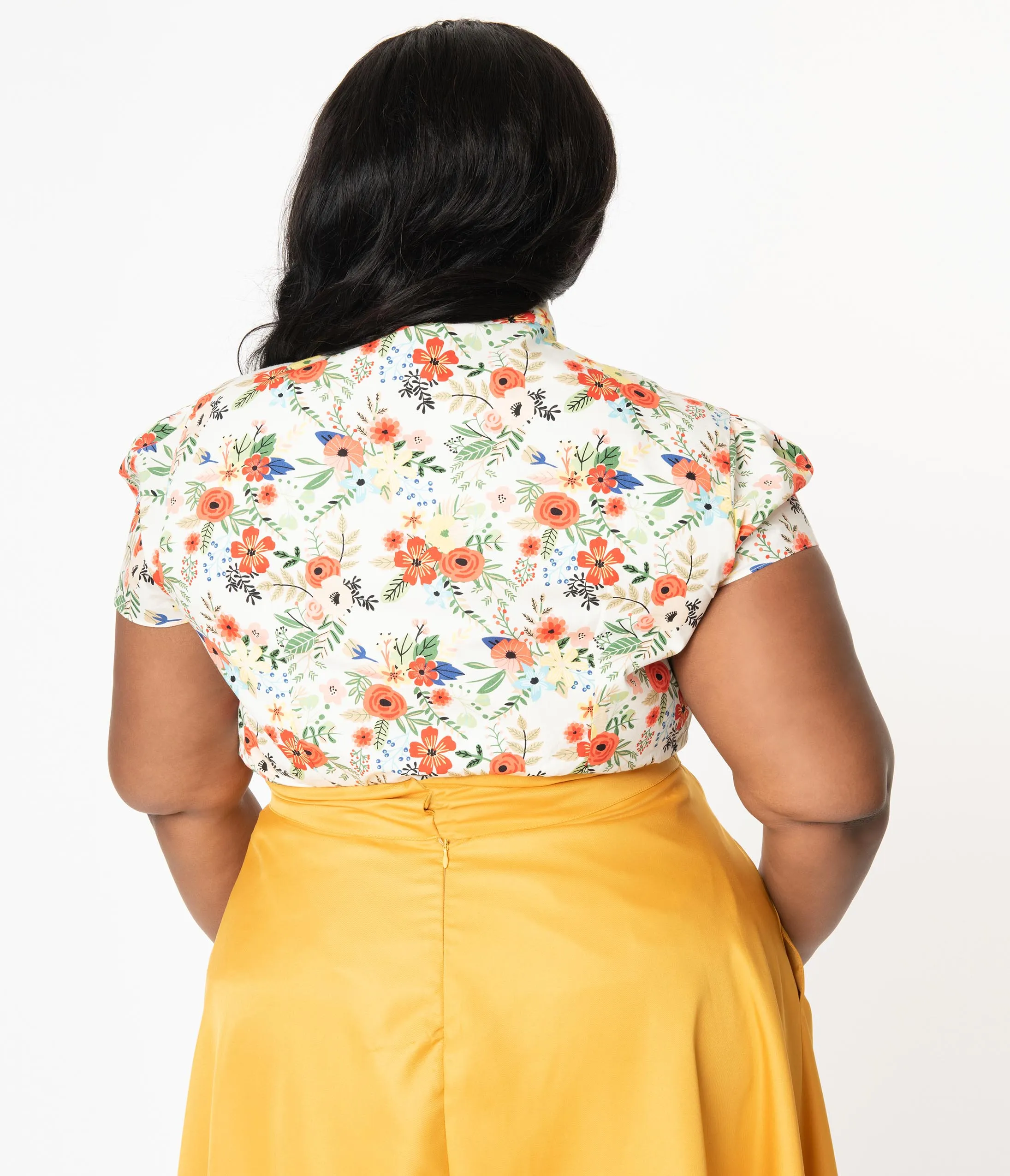 Plus Size Cream & Happy Floral Print Bow Blouse