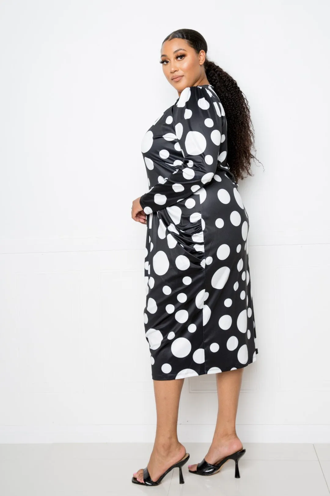 Polka Dot Drop Waist Ruched Midi Dress