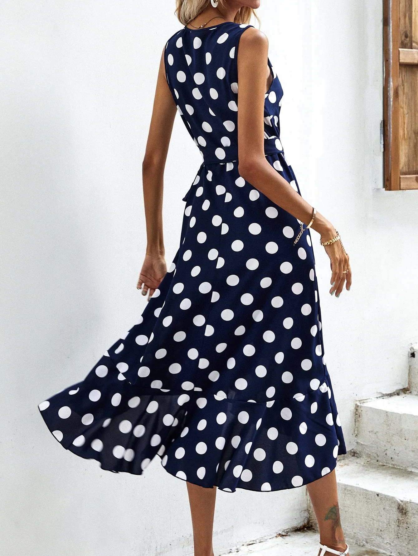 Polka Dot Knot Sleeveless V Neck Wrap High Waist Long Dress