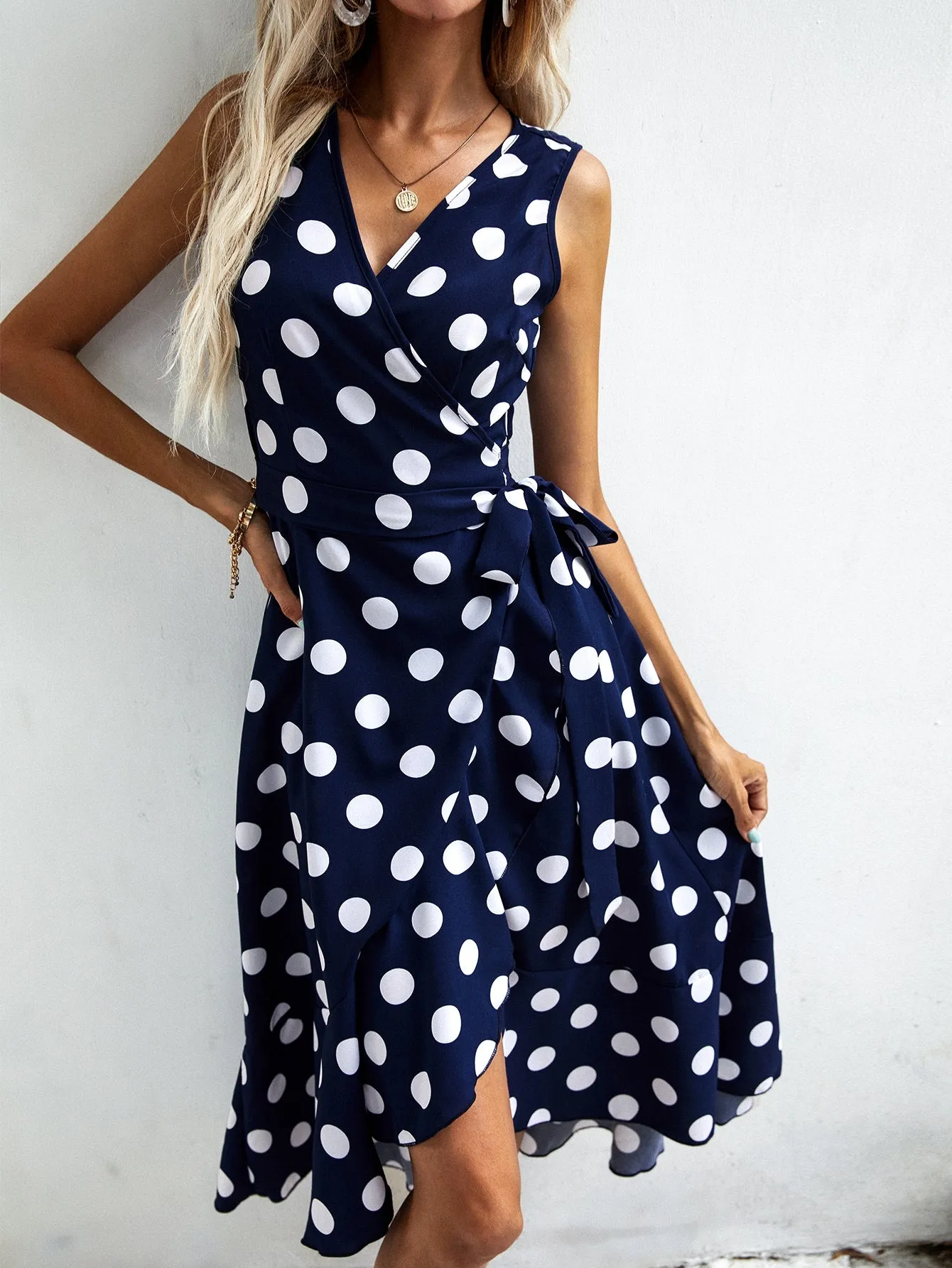 Polka Dot Knot Sleeveless V Neck Wrap High Waist Long Dress