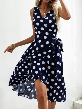 Polka Dot Knot Sleeveless V Neck Wrap High Waist Long Dress