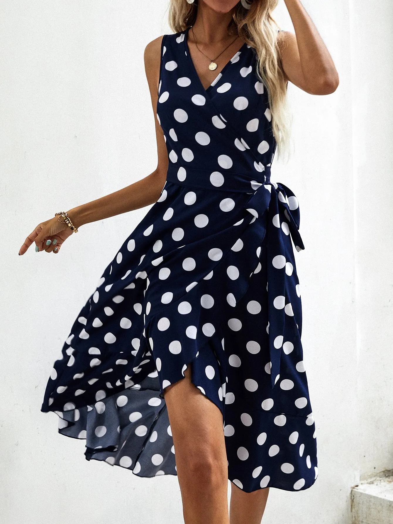 Polka Dot Knot Sleeveless V Neck Wrap High Waist Long Dress