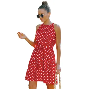 Round Neck Sleeveless Belted Polka Dot Dress