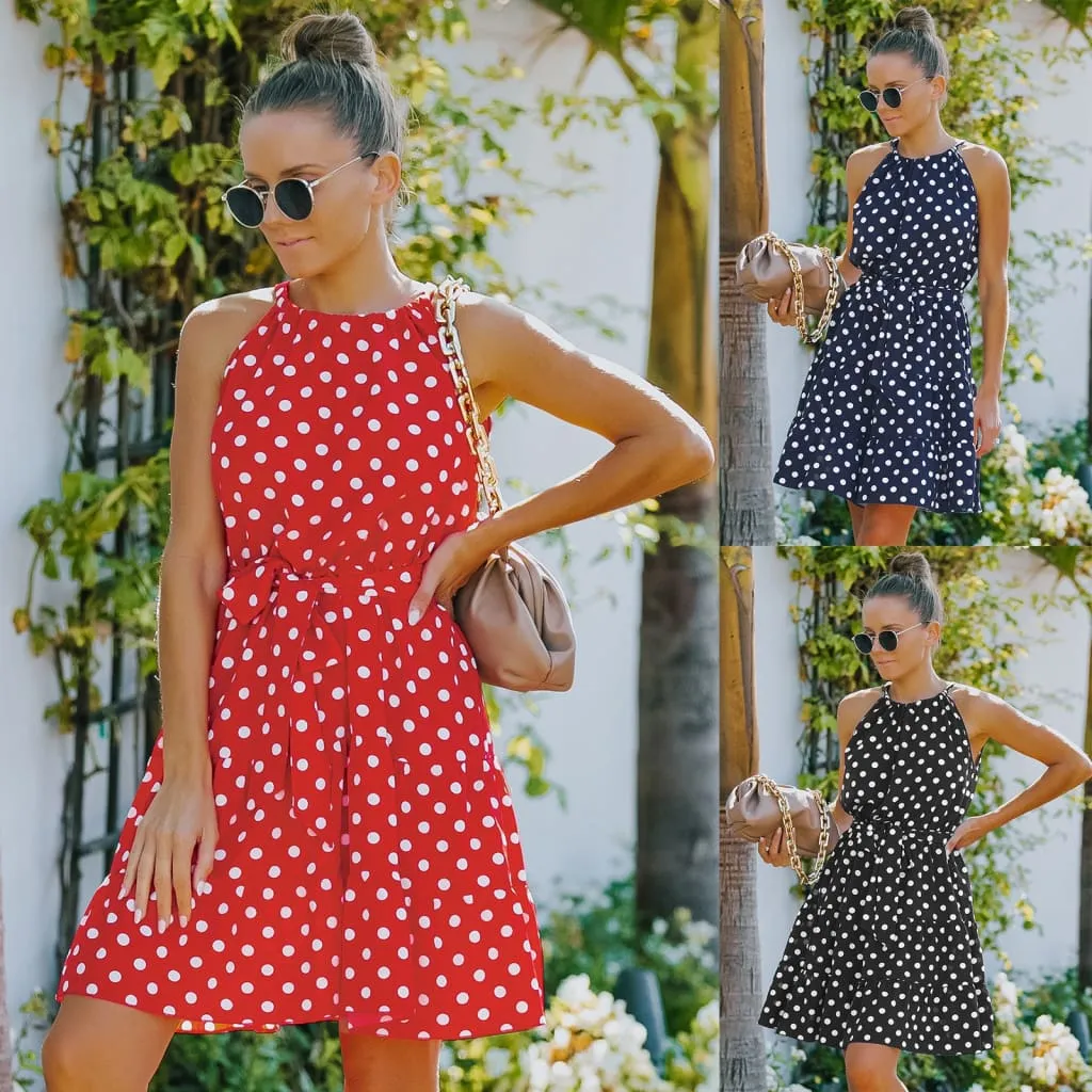 Round Neck Sleeveless Belted Polka Dot Dress