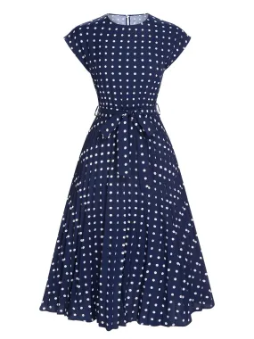 Royal Blue 1940s Polka Dots Belt Cap Dress